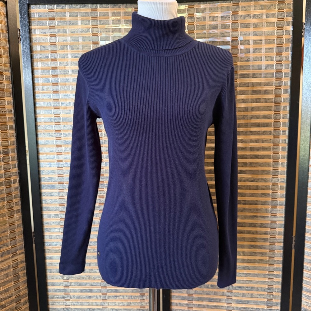 Lauren Ralph Lauren Turtleneck Sweater Women XL Navy Blue Ribbed Knit Classic